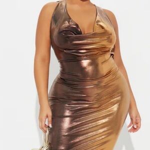 Fashion Nova Metallic Bronze Bodycon Midi Skirt